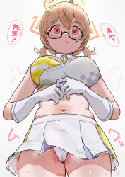 Rule 34 | 1girl, absurdres, ahoge, amamoru 21, black-framed eyewear, blonde hair, blue archive, braid, breasts, cameltoe, cheerleader, closed mouth, cowboy shot, female pubic hair, from below, glasses, gloves, highres, kotori (blue archive), kotori (cheer squad) (blue archive), large breasts, looking at viewer, midriff, millennium cheerleader outfit (blue archive), miniskirt, navel, panties, pantyshot, plump, pubic hair, red eyes, short hair, simple background, single braid, skirt, solo, speech bubble, underwear, white background, white gloves