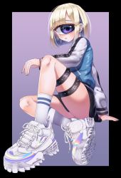 Rule 34 | 1girl, absurdres, arm on knee, arm support, azen (mntimcczgrtn), blonde hair, blue eyes, blue hair, blunt bangs, blunt ends, blush, calf socks, colored inner hair, cyclops, ear piercing, earrings, eyeshadow, highres, holographic clothing, jacket, jewelry, knee up, letterman jacket, looking to the side, makeup, monster girl, multicolored hair, multiple earrings, nail polish, one-eyed, original, piercing, shoes, short hair, sitting, skindentation, skirt, sneakers, solo, sparkle, studded thigh strap, thigh strap, thighs, tongue, tongue out, two-tone hair