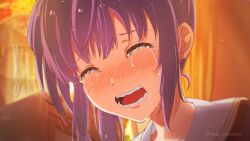 Rule 34 | 1girl, absurdres, blurry, blurry background, blush, chromatic aberration, close-up, closed eyes, collarbone, commentary request, crying, hasu no sora school uniform, highres, indoors, light particles, link! like! love live!, lone nape hair, long hair, love live!, nose blush, open mouth, otomune kozue, purple hair, sad, sailor collar, school uniform, seubchok, side ponytail, sidelocks, solo, sunset, teeth, twitter username, virtual youtuber, white sailor collar, winter uniform