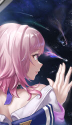 Rule 34 | 1girl, absurdres, bare shoulders, commentary request, esesu, hand up, highres, honkai: star rail, honkai (series), march 7th (honkai: star rail), off-shoulder shirt, off shoulder, parted lips, pink hair, shirt, shooting star, short hair, smile, solo, space, upper body, white shirt