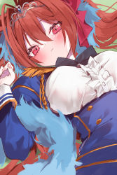 Rule 34 | 1girl, blue jacket, blush, breasts, brown hair, buttons, daiwa scarlet (umamusume), double-breasted, feather hair ornament, feathers, framed breasts, hair between eyes, hair intakes, hair ornament, hair ribbon, highres, hinamori (18ar0), horse girl, jacket, large breasts, long hair, looking at viewer, lying, on back, red eyes, ribbon, solo, tiara, twintails, umamusume, upper body