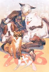 Rule 34 | 1boy, animal ears, armor, closed mouth, dog, eustace (granblue fantasy), closed eyes, fantasy, fluffy, goggles, granblue fantasy, highres, leather armor, me (mikannu), open mouth, sitting, sleeping, smile, solo, white hair