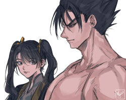 Rule 34 | 1boy, 1girl, black hair, commentary, english commentary, girl staring at guy&#039;s chest (meme), kazama jin, ling xiaoyu, long hair, meme, miyukiko, muscular, muscular male, pectorals, short hair, simple background, sketch, tekken, topless male, twintails, upper body, white background