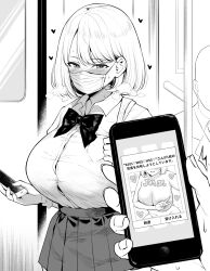 Rule 34 | 1girl, blush, bow, bowtie, breasts, cellphone, commentary request, gyaru, heart, heavy breathing, highres, holding, holding phone, kogal, large breasts, looking at viewer, mask, monochrome, mouth mask, original, phone, pleated skirt, pov, school uniform, short hair, skirt, solo focus, surgical mask, train interior, translation request, v, yue (show-ei)