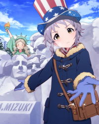 Rule 34 | 2girls, :&lt;, american flag, american flag hat, cosplay, flag print, gloves, grey hair, handa roco, hat, idolmaster, idolmaster million live!, looking at viewer, makabe mizuki, mount rushmore, multiple girls, official art, parka, print headwear, snow, snow sculpture, solo focus, statue of liberty, statue of liberty (cosplay), top hat, twintails, united states, yellow eyes