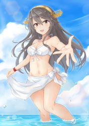 Rule 34 | 10s, 1girl, absurdres, bikini, black hair, bracelet, breasts, brown eyes, cloud, cowboy shot, day, foreshortening, gensoukitan, hairband, haruna (kancolle), headgear, highres, jewelry, kantai collection, long hair, looking at viewer, medium breasts, open mouth, outdoors, outstretched hand, sarong, sky, smile, solo, standing, swimsuit, wading, water, white bikini