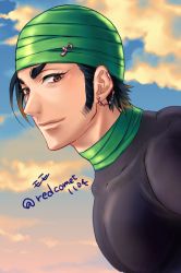 Rule 34 | 1boy, black hair, black shirt, brown eyes, cloud, cloudy sky, coco (toriko), commentary request, ear piercing, eyelashes, looking at viewer, male focus, momo (redcomet1104), muscular, orange hair, pectorals, piercing, shirt, sideburns, signature, sky, smile, solo, sunset, taut clothes, toriko (series), turban, twitter username, upper body