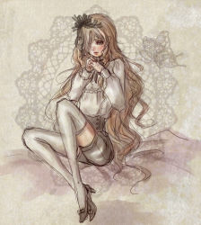 Rule 34 | 1boy, bad id, bad pixiv id, blonde hair, bug, butterfly, corset, doily, hair over one eye, hair ribbon, high heels, insect, juliet sleeves, lace, long hair, long sleeves, maraich juschenfe, patalliro!, puffy long sleeves, puffy sleeves, ribbon, sacco, sepia, shoes, short shorts, shorts, sitting, thighhighs, trap, very long hair, white thighhighs, zettai ryouiki