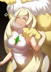 Rule 34 | 1girl, blonde hair, breasts, breath, clenched teeth, commentary request, creatures (company), dress, eyelashes, furry, furry male, furry with non-furry, game freak, gen 1 pokemon, green eyes, hand up, haryudanto, holding, holding string, hypno, hypnosis, interspecies, long hair, looking up, lusamine (pokemon), mind control, motion blur, multicolored hair, nintendo, pendulum, pokemon, pokemon (creature), pokemon sm, pokephilia, sleeveless, sleeveless dress, streaked hair, string, sweatdrop, teeth, veins, white dress