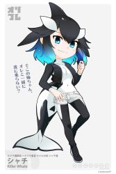 Rule 34 | 10s, 1girl, ?, artist name, black hair, blue eyes, blue hair, bodysuit, boots, cetacean tail, character name, covered navel, unworn eyewear, fictional persona, fins, fish tail, full body, grey background, highres, holding, holding removed eyewear, japari symbol, kemono friends, md5 mismatch, multicolored hair, original, pantyhose, resolution mismatch, solo, stylecase, sunglasses, tail, vest, white hair