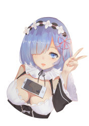 Rule 34 | 10s, 1girl, bad id, bad pixiv id, blue eyes, blue hair, bow, breasts, cellphone, cleavage, detached sleeves, hair over one eye, hair ribbon, large breasts, looking at viewer, maid, maid headdress, object on breast, open mouth, phone, pink ribbon, re:zero kara hajimeru isekai seikatsu, reflection, rem (re:zero), ribbon, sannye, short hair, simple background, sketch, smartphone, solo, upper body, v, white background