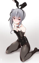 Rule 34 | 10s, 1girl, animal ears, arm warmers, bad id, bad pixiv id, bare back, bare shoulders, black hairband, black leotard, black pantyhose, black ribbon, blunt bangs, blush, breasts, buttons, cleavage, detached collar, fake animal ears, gradient background, grey hair, hair ribbon, hairband, highres, kantai collection, kasumi (kancolle), leotard, long hair, looking at viewer, mitsudoue, neck ribbon, open mouth, pantyhose, playboy bunny, rabbit ears, red eyes, red ribbon, ribbon, shiny clothes, side ponytail, sitting, small breasts, solo, strapless, strapless leotard, sweatdrop, wariza, wrist cuffs