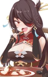 Rule 34 | 1girl, bare shoulders, beidou (genshin impact), blush, breasts, brown hair, chair, cleavage, earrings, eating, eyepatch, fingerless gloves, food, genshin impact, gloves, hair ornament, highres, jewelry, large breasts, long hair, looking at viewer, mapo tofu, open mouth, plate, red eyes, simple background, sitting, spoon, sweat, table, tofu, underboob, upper body, white background, yasutomo! (akuasky)
