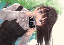 Rule 34 | 1girl, belt, blue eyes, blunt bangs, blurry, blurry background, brown hair, camera, commentary request, dress, frilled cuffs, highres, hiwatari rin, leaning to the side, long hair, long sleeves, looking at viewer, neck ribbon, original, ribbon, shirt, solo, white shirt