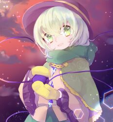 Rule 34 | 1girl, black headwear, buttons, cloud, diamond button, floral print, gloves, green eyes, green hair, green scarf, hair between eyes, head tilt, heart, heart of string, holding eyeball, komeiji koishi, lens flare, light particles, long sleeves, looking at viewer, open mouth, red sky, rose print, scarf, shirt, sky, smile, solo, standing, sunset, third eye, touhou, tsukikusa, wide sleeves, yellow gloves, yellow shirt