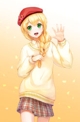 Rule 34 | 1girl, beret, braid, erica (magical camp), eyebrows, green eyes, hand up, hat, heart, magical camp, open mouth, plaid, plaid skirt, red hat, simple background, skirt, smile, solo