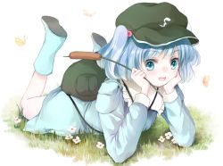 Rule 34 | 1girl, backpack, bad id, bad pixiv id, bag, blue eyes, blue hair, blush, bug, butterfly, cattail, flower, grass, hair bobbles, hair ornament, hat, bug, kawashiro nitori, lying, on stomach, open mouth, plant, short hair, smile, touhou, twintails, two side up, yatomi