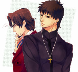 Rule 34 | 2boys, bad id, bad pixiv id, blue eyes, brown hair, cross, cross necklace, facial hair, fate/zero, fate (series), formal, goatee, goruyuga, jewelry, kotomine kirei, male focus, multiple boys, necklace, open mouth, short hair, squiggle, suit, tohsaka tokiomi