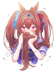 Rule 34 | 1girl, animal ears, blush, brown hair, commentary request, covering own mouth, cropped torso, daiwa scarlet (umamusume), hair between eyes, hair intakes, horse ears, horse girl, ittokyu, long hair, looking at viewer, pink eyes, school uniform, signature, solo, tiara, tracen school uniform, twintails, twitter username, umamusume, white background