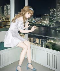 Rule 34 | 1girl, blue footwear, brown hair, building, city, cityscape, commentary request, dress, grey eyes, hairband, high heels, highres, long hair, night, off-shoulder dress, off shoulder, original, reflection, short sleeves, sitting, solo, utsuwa0120, water, white dress, white hairband