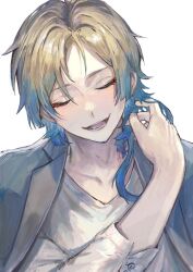 Rule 34 | 1boy, blonde hair, blue hair, blue lock, closed eyes, flower tattoo, grey jacket, highres, jacket, jacket on shoulders, long hair, male focus, michael kaiser, multicolored hair, neck tattoo, open mouth, shirt, simple background, smile, solo, squr11608, tattoo, two-tone hair, upper body, white background, white shirt