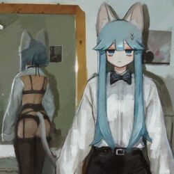 Rule 34 | 1girl, :3, animal ears, arms at sides, ass, backless outfit, bags under eyes, belt, black belt, black bow, black bowtie, black bra, black panties, black pants, black ribbon, black thighhighs, blue eyes, blue hair, bow, bowtie, bra, cat ears, cat girl, cat tail, collared shirt, commentary request, cowboy shot, dress shirt, drop shadow, full-length mirror, garter belt, hair bun, hair ribbon, half-closed eyes, half-dressed in the mirror (meme), highres, indoors, jitome, lingerie, long sleeves, looking at viewer, meme, mirror, original, panties, pants, reflection, ribbon, shironeko (gosot3syobrmxbg), shirt, short hair with long locks, sidelocks, single hair bun, sleeves past fingers, sleeves past wrists, solo, standing, tail, thighhighs, underwear