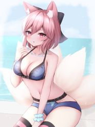 Rule 34 | 1girl, animal ear fluff, animal ears, bad id, bad pixiv id, bare shoulders, belt, between legs, bikini, black belt, black bow, blue bikini, bow, breasts, cleavage, commentary request, commission, fox ears, fox girl, fox tail, hair between eyes, hair bow, hand between legs, highres, horizon, kitsune, komari mhy, medium breasts, navel, ocean, original, parted lips, pink hair, red eyes, single wrist cuff, sitting, skeb commission, solo, striped clothes, striped thighhighs, swimsuit, tail, thighhighs, water, wrist cuffs