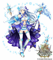 Rule 34 | 1girl, blue eyes, bracer, brave girl ravens, breasts, character request, cleavage, detached sleeves, full body, garter straps, gloves, hair ornament, holding, holding staff, horosuke, ice, long hair, looking at viewer, navel, official art, pom pom (clothes), purple skirt, skirt, snowflakes, solo, staff, tassel, thighhighs, underboob, watermark, white gloves, white hair, white thighhighs