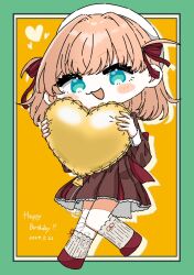 Rule 34 | 1girl, :3, aqua eyes, balloon, blonde hair, blush stickers, border, brown jacket, brown skirt, chibi, chibi only, commentary, crossed bangs, dated, drop shadow, fortune movie (love live!), full body, green border, grey socks, hair ribbon, happy birthday, heart balloon, hinoshita kaho, holding, holding balloon, inset border, jacket, link! like! love live!, long sleeves, looking at viewer, love live!, medium hair, medium skirt, open mouth, orange background, outside border, pleated skirt, puripuri hurai, red footwear, red ribbon, ribbed socks, ribbon, skirt, sleeve cuffs, socks, solo, two side up, virtual youtuber