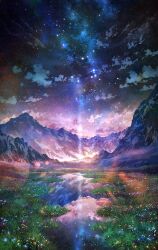 cloud commentary_request grass light_particles milky_way mountain night night_sky no_humans original pei_(sumurai) reflection scenery sky star_(sky) starry_sky water