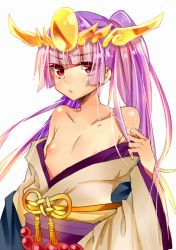 Rule 34 | 1girl, androgynous, bad id, bad pixiv id, bare shoulders, collarbone, flat chest, guiyu (cindy), japanese clothes, kimono, nipples, off shoulder, purple hair, puzzle &amp; dragons, red eyes, simple background, solo, twintails, white background, yomi (p&amp;d)