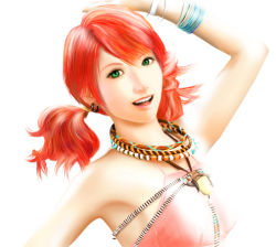 Rule 34 | 10s, 1girl, bad id, bad pixiv id, choko (pinkypinky), choko (pixiv668732), earrings, final fantasy, final fantasy xiii, green eyes, jewelry, necklace, oerba dia vanille, red hair, short twintails, solo, strapless, tube top, twintails
