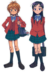 Rule 34 | 2girls, absurdres, anime coloring, antenna hair, arms behind back, bag, black hair, black socks, blazer, blue bow, blue bowtie, blue eyes, bow, bowtie, brown eyes, brown footwear, closed mouth, collared shirt, commentary, english commentary, full body, futari wa precure, hand on own hip, highres, holding, holding bag, jacket, kneehighs, long hair, long sleeves, looking at viewer, malan, misumi nagisa, multiple girls, pleated skirt, precure, red hair, red jacket, school uniform, shirt, shoes, short hair, simple background, skirt, smile, socks, standing, verone gakuin school uniform, white background, white shirt, yukishiro honoka