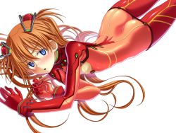 Rule 34 | 1girl, ass, blue eyes, blush, bodysuit, butt crack, downpants, long hair, looking up, lying, multicolored clothes, neon genesis evangelion, on stomach, open mouth, orange hair, plugsuit, rebuild of evangelion, sakuya tsuitachi, simple background, solo, souryuu asuka langley, test plugsuit, twintails