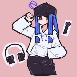 Rule 34 | 1girl, :t, alternate costume, baseball cap, black hat, black pants, blue hair, blue ribbon, blush stickers, bright pupils, closed mouth, cokuuma, commentary request, contrapposto, cropped legs, detached hair, drawstring, hand in pocket, hand on headwear, hand up, hat, hat ribbon, headphones, headphones removed, hood, hood down, hoodie, jitome, kotonoha aoi, long hair, long sleeves, looking at viewer, microphone, pants, pink background, ribbon, sidelocks, simple background, solo, voiceroid, white hoodie, white pupils