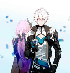 Rule 34 | 1boy, 1girl, armor, arms behind back, back-to-back, belt, black bow, black coat, black gloves, blue background, blue belt, blue eyes, blue gloves, bow, cleavage cutout, closed mouth, clothing cutout, coat, cowboy shot, crystal, crystal flower, elysia (honkai impact), elysia (miss pink elf) (honkai impact), facing away, facing viewer, floating, floating object, gloves, gradient background, hair between eyes, hair bow, hair ornament, hand up, highres, honkai (series), honkai impact 3rd, kevin kaslana, ljayu, long hair, long sleeves, looking at object, low ponytail, open clothes, open coat, pink hair, pointy ears, shards, shirt, short hair, shoulder armor, two-tone gloves, v-shaped eyebrows, waist cape, white background, white hair, white shirt