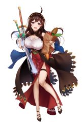 Rule 34 | 1girl, ahoge, apple, bag, baguette, blush, bread, breasts, brown hair, cleavage, food, fruit, full body, groceries, grocery bag, highres, holding, holding sword, holding weapon, kagiyama (clave), large breasts, long hair, looking at viewer, official art, open mouth, original, paper bag, red eyes, shopping bag, simple background, smile, solo, standing, sword, thighhighs, vegetable, weapon, white background