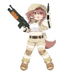 Rule 34 | 1girl, :o, animal ears, baseball cap, bespectacled, blush, boots, braid, brown eyes, brown hair, collar, cosplay, dog ears, dog girl, dog tags, dog tail, dual wielding, fang, fio germi, fio germi (cosplay), full body, glasses, hat, highres, holding, hololive, inugami korone, knee pads, long hair, looking away, magazine (weapon), magazine ejection, metal slug, midriff, navel, okunin, open clothes, open vest, pouch, round eyewear, shorts, simple background, solo, standing, tail, tank top, twin braids, vest, virtual youtuber, white background
