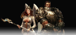 Rule 34 | 1boy, 1girl, all kill, angel wings, armor, art slow, black gloves, bracelet, breastplate, breasts, brown hair, chainmail, cleavage, cleavage cutout, clothing cutout, concept art, copyright name, cowboy shot, crown, closed eyes, facial hair, facing viewer, gloves, hair tubes, highres, holding, holding staff, jewelry, long hair, medium breasts, muscular, mustache, sideburns, staff, wings