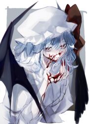 Rule 34 | 1girl, absurdres, bat wings, black wings, blood, blood on face, blood on hands, blue hair, closed mouth, collared shirt, fingernails, hat, hat ribbon, highres, katai (nekoneko0720), long fingernails, looking at viewer, mob cap, nail polish, red eyes, red nails, red ribbon, remilia scarlet, ribbon, sharp fingernails, shirt, short hair, solo, touhou, upper body, white hat, white shirt, wings