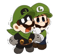 Rule 34 | 1boy, belt, black sleeves, brown belt, brown hair, cabbie hat, chibi, dark persona, dual persona, eye mask, facial hair, gloves, green hat, green scarf, hat, highres, jacket, leather, leather jacket, long sleeves, luigi, male focus, mario (series), mimimi (mimimim9999), mr. l, mustache, nintendo, open mouth, paper mario, scarf, short hair, super paper mario