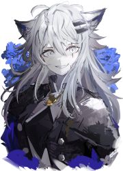 Rule 34 | 1girl, animal ears, arknights, black jacket, blue flower, clenched teeth, diamond-shaped pupils, diamond (shape), flower, grey eyes, grin, hair ornament, hairclip, highres, jacket, lappland (arknights), lappland (refined horrormare) (arknights), long hair, looking at viewer, messy hair, official alternate costume, scar, scar across eye, sharp teeth, sikinose val, simple background, smile, solo, symbol-shaped pupils, teeth, upper body, white background, white hair, wolf ears, wolf girl