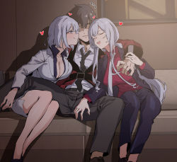 Rule 34 | 1boy, 2girls, :d, absurdres, ak-12 (girls&#039; frontline), ak-12 (lucia) (girls&#039; frontline), banssee, belt, black belt, black jacket, black neckwear, blazer, breasts, brown hair, cleavage, closed eyes, closed mouth, collared shirt, commander (girls&#039; frontline), couch, girls&#039; frontline, grey blazer, grey skirt, griffin &amp; kryuger military uniform, heart, highres, indoors, jacket, large breasts, long hair, looking at another, miniskirt, multiple girls, necktie, open clothes, open jacket, open mouth, open shirt, pants, purple eyes, red jacket, red shirt, rpk-16 (girls&#039; frontline), rpk-16 (renate) (girls&#039; frontline), shaded face, shirt, short hair, sidelocks, silver hair, sitting, skirt, smile, spread legs, thighs, white neckwear