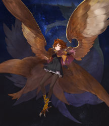Rule 34 | 1girl, absurdres, bad kim, belt, bird girl, black dress, brown capelet, brown hair, brown thighhighs, brown wings, capelet, crescent, dress, eyes visible through hair, feathered wings, frilled dress, frills, hair between eyes, highres, multiple wings, no shoes, open hand, orange eyes, original, parted lips, sky, solo, star (sky), starry sky, talons, teeth, thighhighs, wings