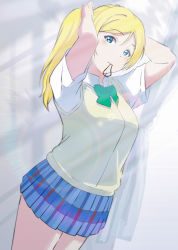 Rule 34 | 1girl, absurdres, artist request, ayase eli, bare legs, blonde hair, blue eyes, blue skirt, blush, bow, bowtie, breasts, checkered clothes, checkered skirt, collared shirt, female focus, fixing hair, green bow, hair between eyes, hair ornament, hair scrunchie, highres, long hair, long sleeves, looking at viewer, love live!, love live! school idol project, medium breasts, mouth hold, nagatsuki ryo, otonokizaka school uniform, parted lips, pleated skirt, ponytail, rubberband, school uniform, scrunchie, shirt, short sleeves, skirt, smile, solo, striped, striped bow, sweater vest, vest, white scrunchie, white shirt, yellow vest