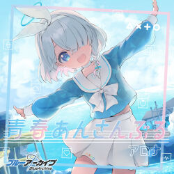 Rule 34 | 1girl, album cover, arona (blue archive), artist request, blue archive, blue eyes, blue hair, bow, bowtie, braid, classroom, cloud, cloudy sky, copyright name, cover, hair over one eye, halo, headband, highres, looking at viewer, official art, open mouth, school uniform, single braid, skirt, sky, smile, white bow, white bowtie, white headband, white skirt