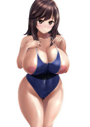 Rule 34 | 1girl, blue one-piece swimsuit, blush, breasts, breasts out, brown eyes, brown hair, cameltoe, cleavage, cleft of venus, closed mouth, collarbone, covered navel, curvy, groin, highleg, highres, huge breasts, ichijou hotaru, large areolae, large breasts, looking at viewer, lot (user vpzk4483), nipples, non non biyori, one-piece swimsuit, school swimsuit, simple background, solo, standing, swimsuit, thighs, undersized clothes, white background, wide hips