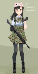 Rule 34 | 1girl, aohashi ame, assault rifle, black footwear, black gloves, black hair, black pantyhose, blue shirt, blunt bangs, blush, boots, bow, bowtie, brown eyes, camouflage, camouflage neckwear, camouflage skirt, character name, clenched hand, closed mouth, commentary request, cosplay, cross-laced footwear, dress shirt, flat cap, gloves, green bow, green bowtie, green skirt, gun, happy new year, harness, hat, highres, holding, holding gun, holding weapon, howa type 89, little armory, looking at viewer, new year, pantyhose, pleated skirt, radio, real life, rifle, sheep hat, shirt, short sleeves, skirt, smile, solo, standing, straight hair, tomytec, toujou sayako, toyosaki ena, toyosaki ena (cosplay), voice actor, weapon, wing collar