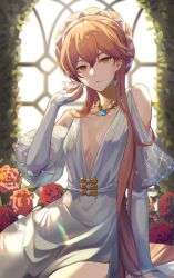 Rule 34 | 1girl, bare shoulders, breasts, cleavage, closed mouth, clothing cutout, collarbone, commentary, dress, earrings, english commentary, fingernails, flower, gem, girls&#039; frontline, glint, hand up, highres, indoors, jewelry, long fingernails, long sleeves, looking at viewer, mole, mole on breast, mole under eye, nail polish, necklace, niac, official alternate costume, orange flower, orange hair, orange nails, orange rose, ots-14 (destined love) (girls&#039; frontline), ots-14 (girls&#039; frontline), pelvic curtain, red flower, red rose, rose, short hair with long locks, shoulder cutout, sidelocks, signature, sitting, small breasts, smile, solo, white dress, window