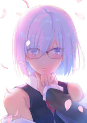 Rule 34 | 1girl, :o, bad id, bad pixiv id, bare shoulders, blush, colored eyelashes, eyes visible through hair, fate/grand order, fate (series), glasses, hair over one eye, hand up, long sleeves, looking at viewer, mash kyrielight, nichiru, off shoulder, open mouth, petals, purple-framed eyewear, purple eyes, purple hair, short hair, simple background, sleeves past wrists, solo, twitter username, upper body, white background, wing collar